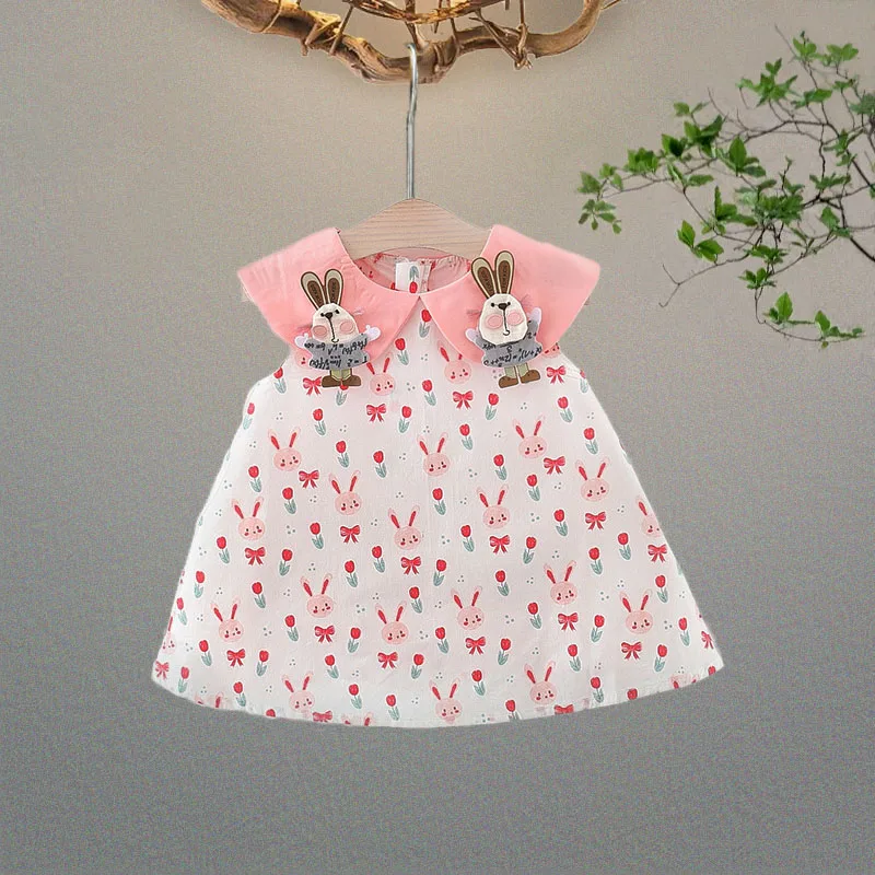 2024 Summer New Children's Clothes Flower Rabbit Print Cartoon Lapel A-line Skirt Korean Version Sleeveless Girls Dress