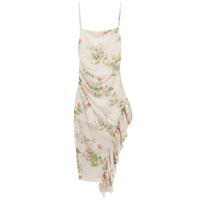 Hxao vestido feminino estampado verão 2025, casual, midi, costas nuas, em camadas, peça única, resort, babados, sem mangas