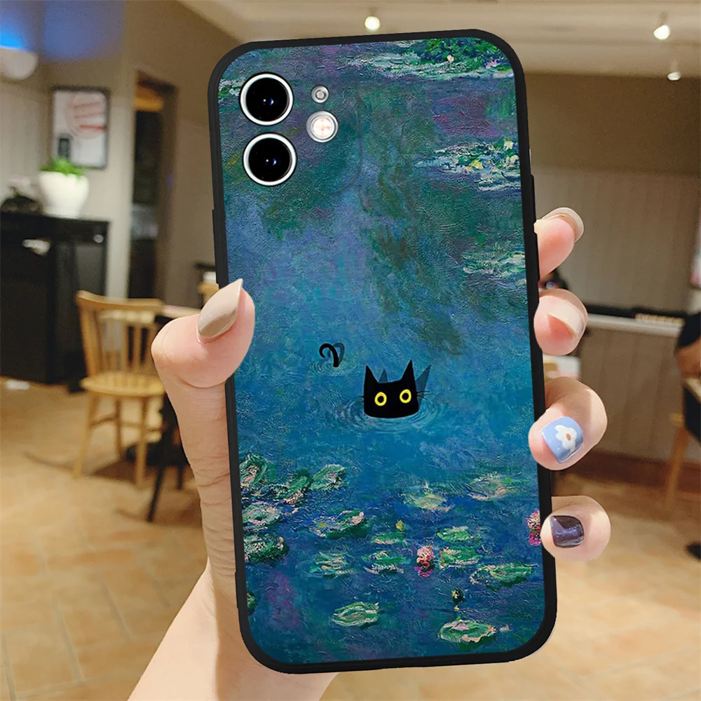 Retro Oil Painting Van-Gogh Black Cat Phone Case for iPhone 15 14 13 12 11 Pro Max Mini 7 8 Plus SE X XS XR Silicone Art Covers