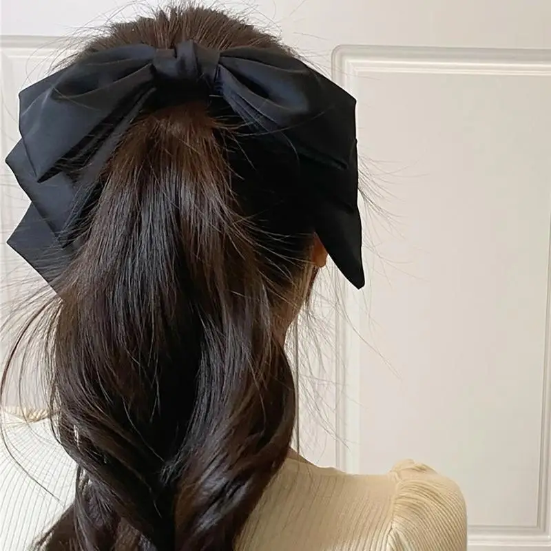 Neue große Satin-Haarspange, Haarschleifen für Mädchen und Frauen, einfarbig in Rosa, Schwarz, mehrlagige Haarspange, koreanische Mode-Haarspangen für Haar-Accessoires – Detail 1