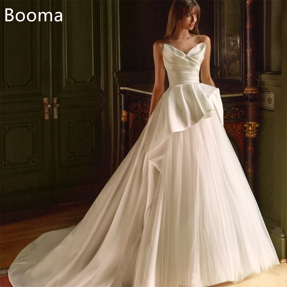 

Booma A-Line Strapless Princess Elegant Wedding Dresses Simple Tulle Satin Sleeveless Pleat Brides Gown Custom Made 2025