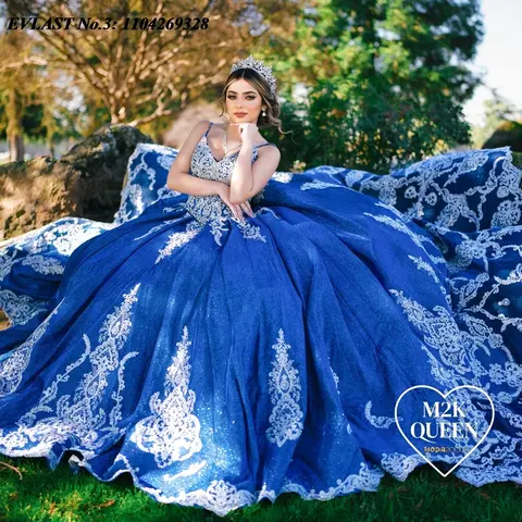 EVLAST Customized Royal Blue Quinceanera Dress Ball Gown White Lace Applique Beading Corset Sweet 16 Vestidos De 15 Anos E3Q02