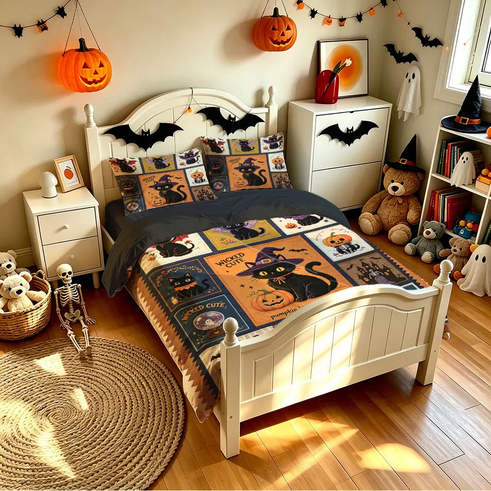 3PC  Patchwork Style Halloween Cartoon Cat Duvet Cover Set Coreless1 Duvet Cover 2 Pillowcase Bedroom Bedding Decoration - view 5