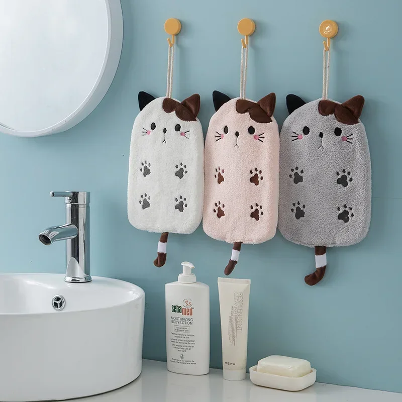 1Pcs Super Absorbent Hanging Type Cat Embroidered Towelette Home Decora Dual Purpose Coral Velvet Hand Towel Bathroom Supplies