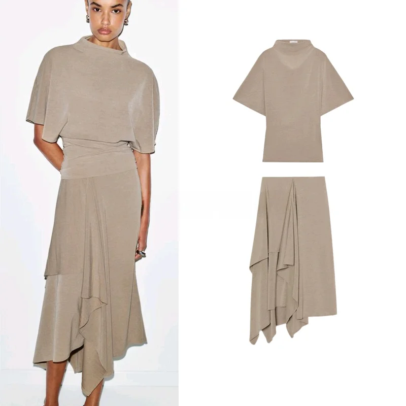 

Asymmetrical Design Half-length Sleeve Long Waist Skirt with Drapey Neckline Spring Summer Fashion Women's Two-piece Set