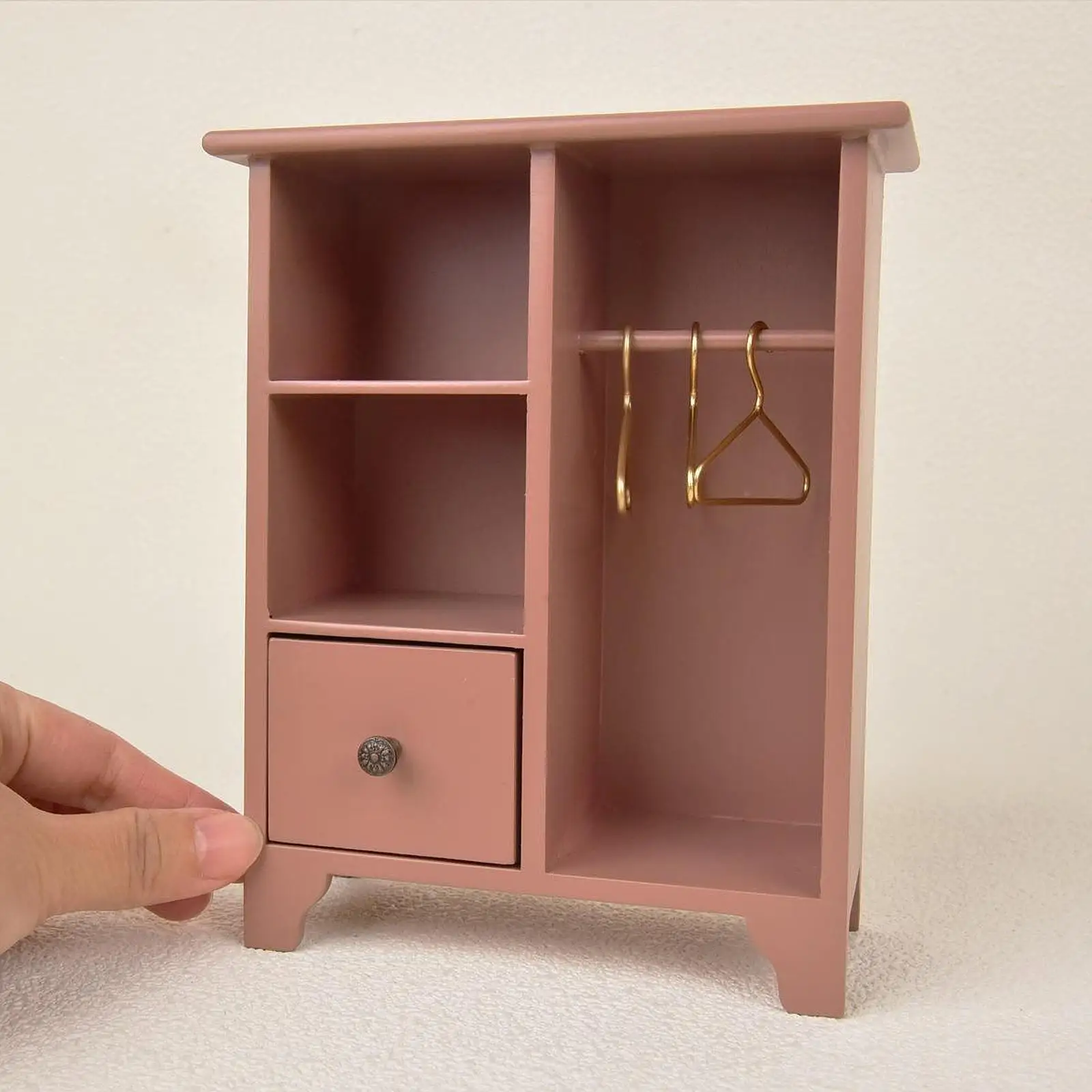 1 12 Scale Dollhouse Miniature Wooden Closet Wardrobe with Drawer and Coat Hangers Clothes Organizer Cabinet Vertical Storage