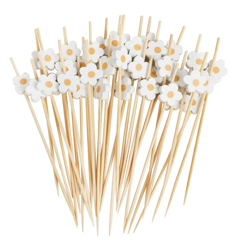 

100pcs Disposable Daisy Bamboo Skewer Fruit Fork Food Cocktail Picks Tableware Cupcake Fork Sticks Birthday Wedding Party Decor