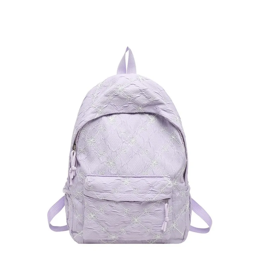 Fashion Sweet Bow Backpack Minimalist Solid Color Nylon Rucksack Multi Pocket Lightweight Student School Bag Commute