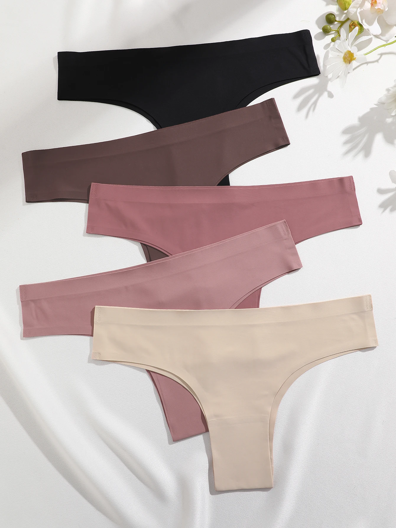 FINETOO 5Pcs Lady Seamless Thongs Sexy Ultra-thin Brazilian Panties Low Waist Breathable G-string Girls Solid Invisible Lingerie