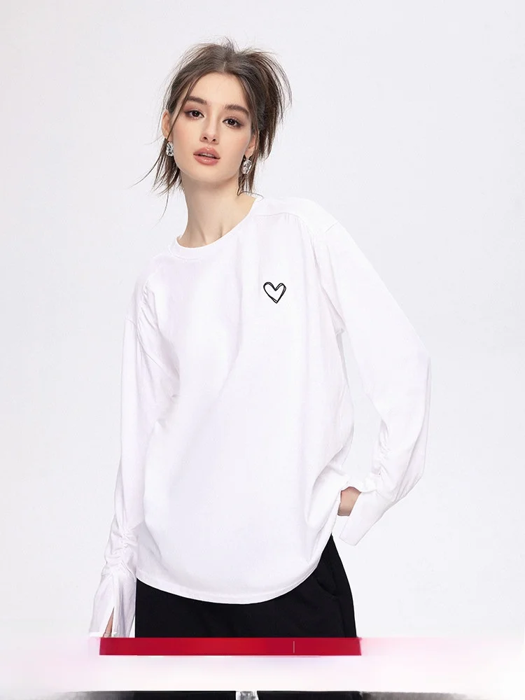 

Модная футболка с сердечками CHILL ZOEY, новинка весенней коллекции, с длинным рукавом, из смесового хлопка и полиэстера, с круглым вырезом, повседневный топ.