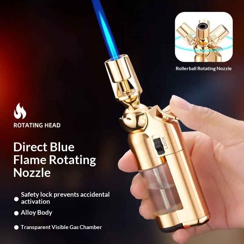 2026 Zinc Alloy Rotating Nozzle Transparent Gas Chamber Windproof Jet Butane Gas Torch Lighter Safety Lock Switch Cigar Lighters