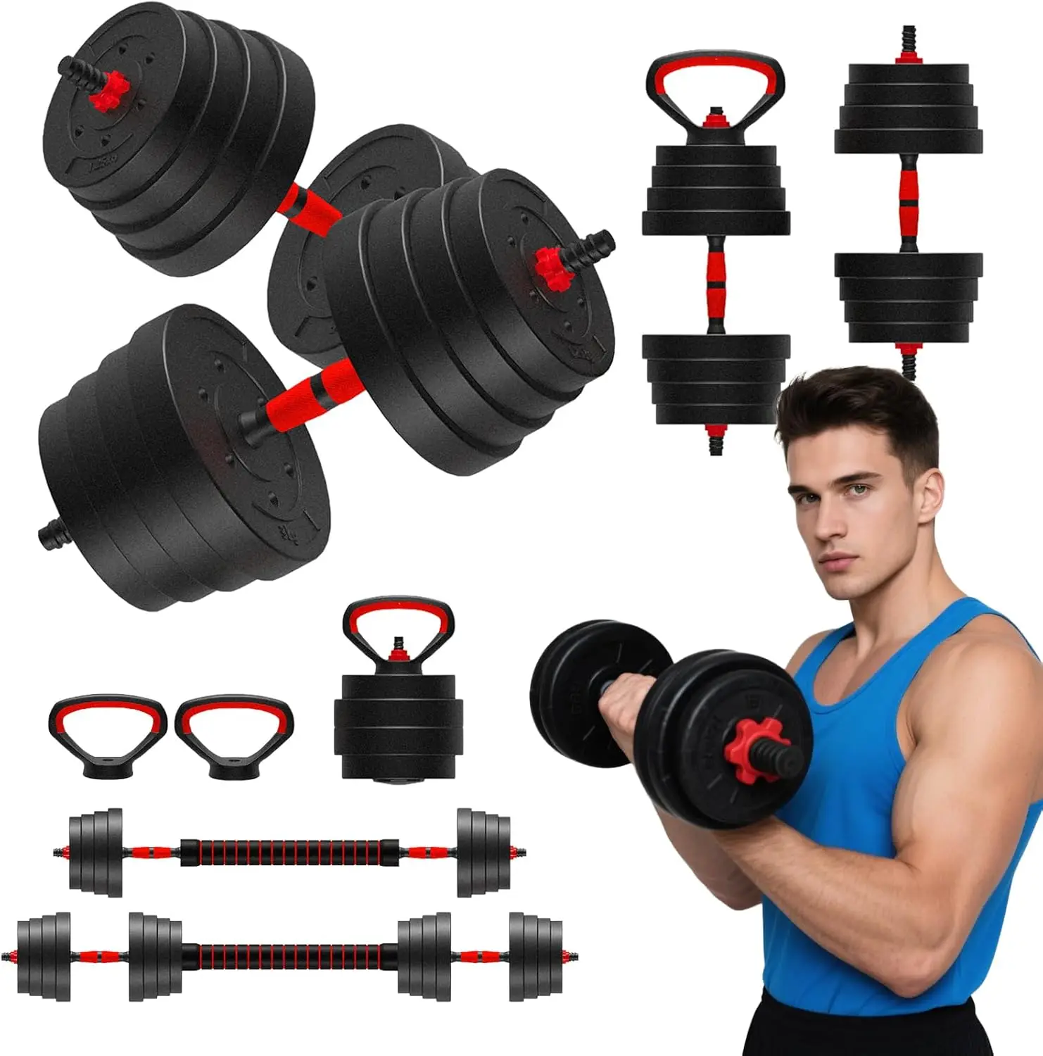 

90 LB/75 LB/45 LB/25 LB Adjustable Dumbbells 4-in-1 Dumbbells Set Free Weight Set with Connector – Convert to Barbell,
