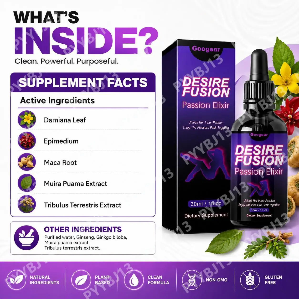 Googeer Desire Fusion Passion Elixir Drops with Damiana Leaf, Epimedium and Maca Root for Libido and Intimacy Support, 30 ML