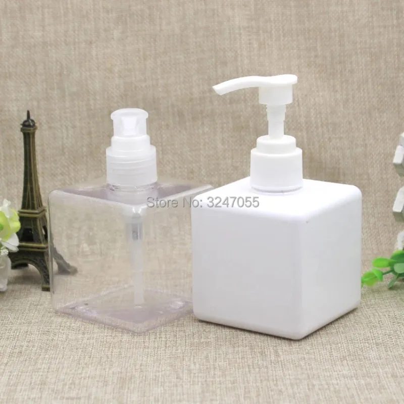 250ML White Plastic Square Shampoo Refillable Bottle,Portable Travel Body Lotion Pump Container,Olive Green Cosmetic TonerBottle