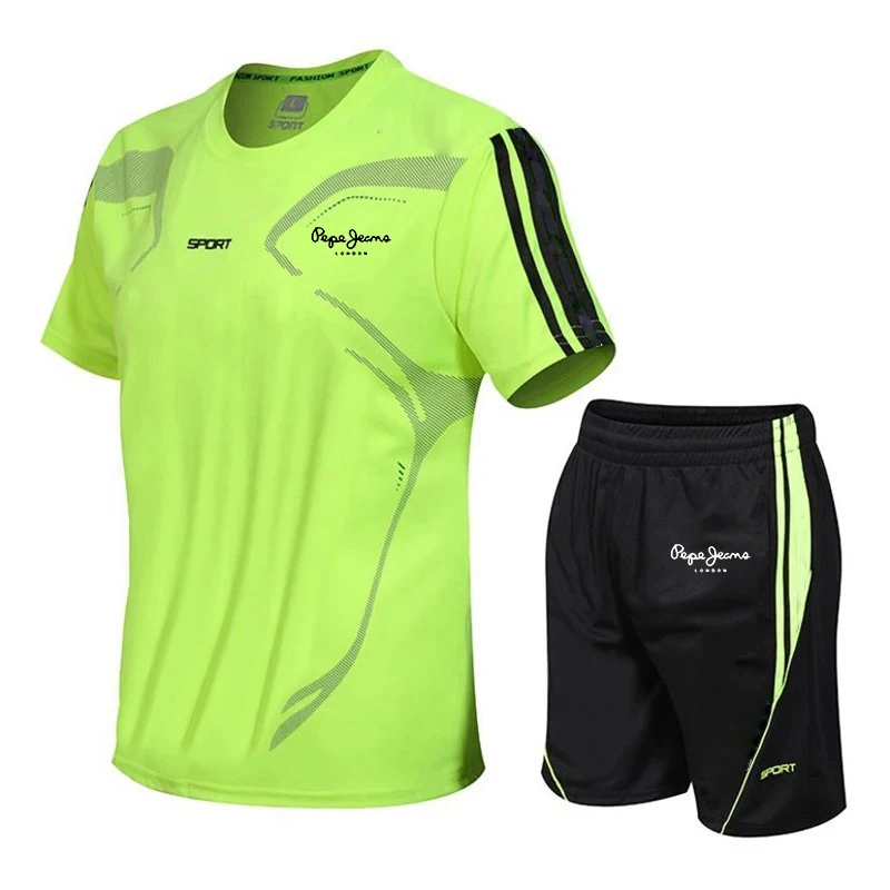 2-Piece Men's Summer Quick drying Sports Suit Loose And Breathable Short Sleeved T-shirt Running And Fitness Black Pocket Shorts