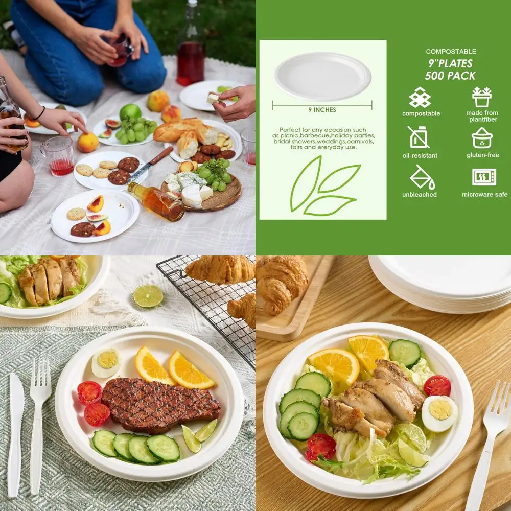 

9 Inch Compostable Heavy-Duty Paper Plates, 100% Biodegradable Bagasse Plates, Eco-Friendly Sugarcane White