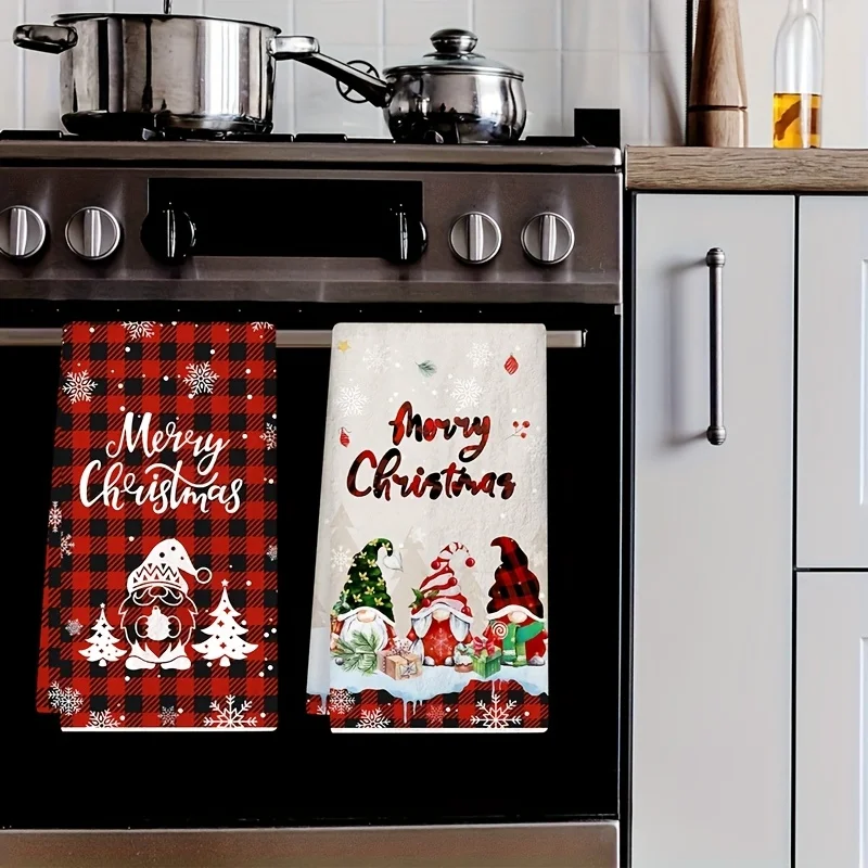 2Pcs Merry Christmas Kitchen Towels Gnome Snowflake Red Black Buffalo Plaid Microfiber Absorbent Dish Cloths
