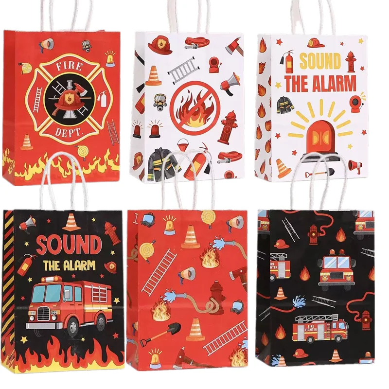 6/24 Stücke Cartoon Feuerwehrmann Thema Papier Geschenke Verpackung Tasche Feuerwehrauto Süßigkeiten Cookie Taschen für Kinder Geburtstag Baby Shower Party Decor – Detail 1
