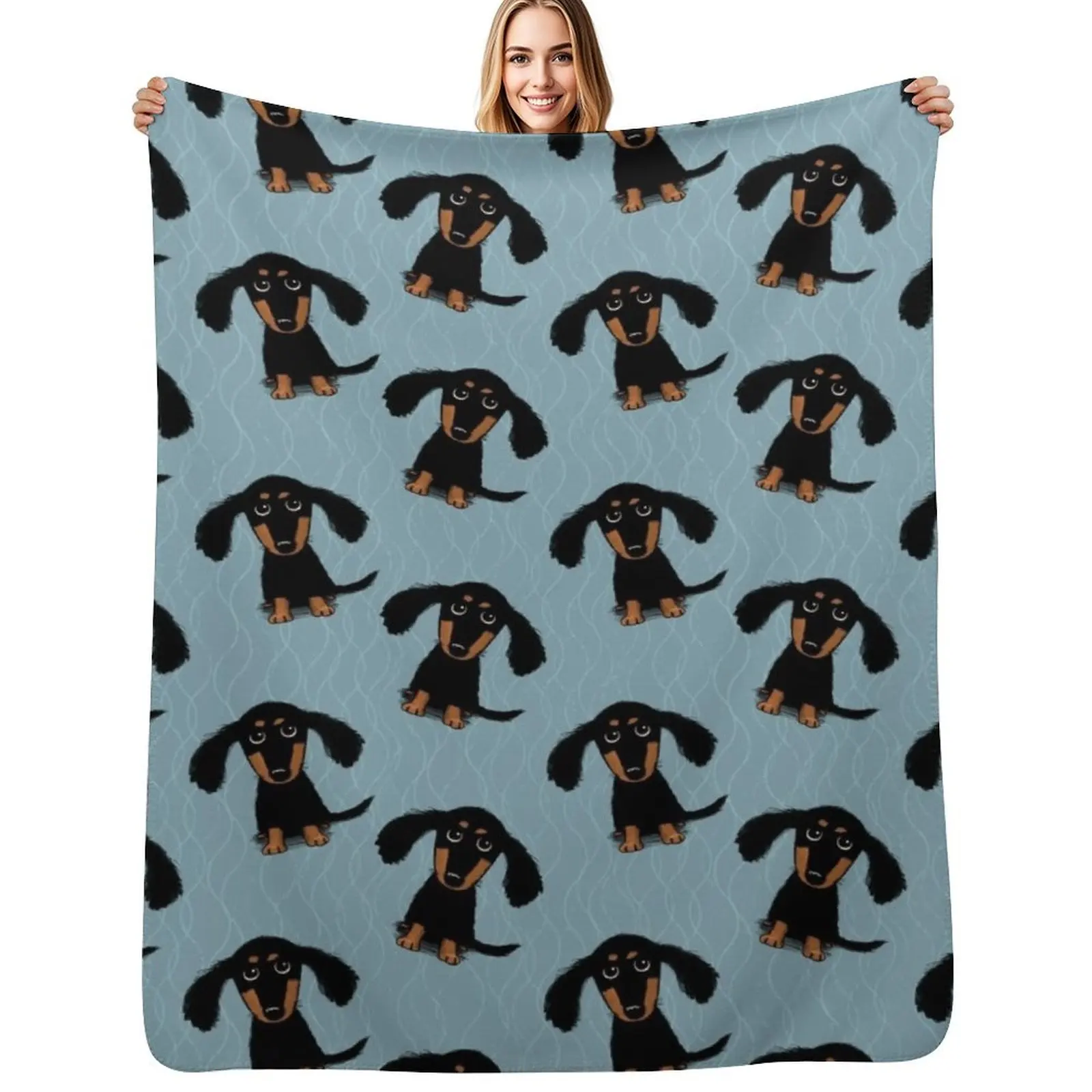 

Longhaired Dachshund Black and Tan Puppy Dog Throw Blanket Cozy Sofa Blanket for TV Watching Napping
