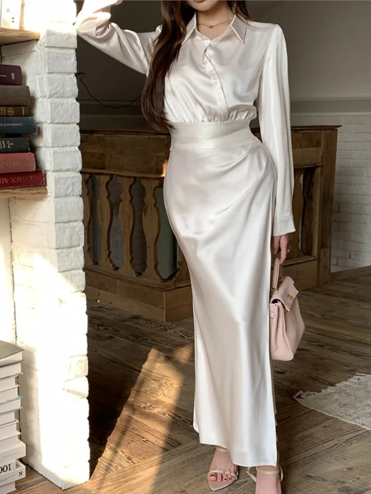 

Autumn Elegant Women's Two Piece Sets Shirt And FishTail Skirt Slimming High Waist Office Lady Suit Set Korean Fashion Outfits