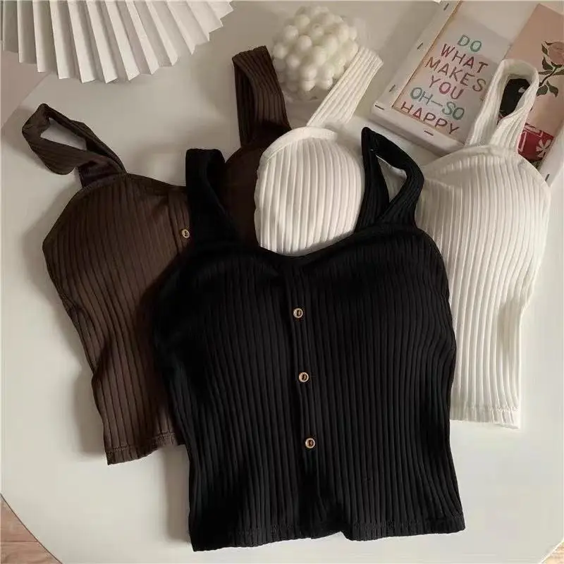 Cute Sleeveless Cropped Tank Top Women's Crop Top Summer 2024 Korean Corset Top Camisole Knit Sexy Slim Vest Bra Tops Female Y2k