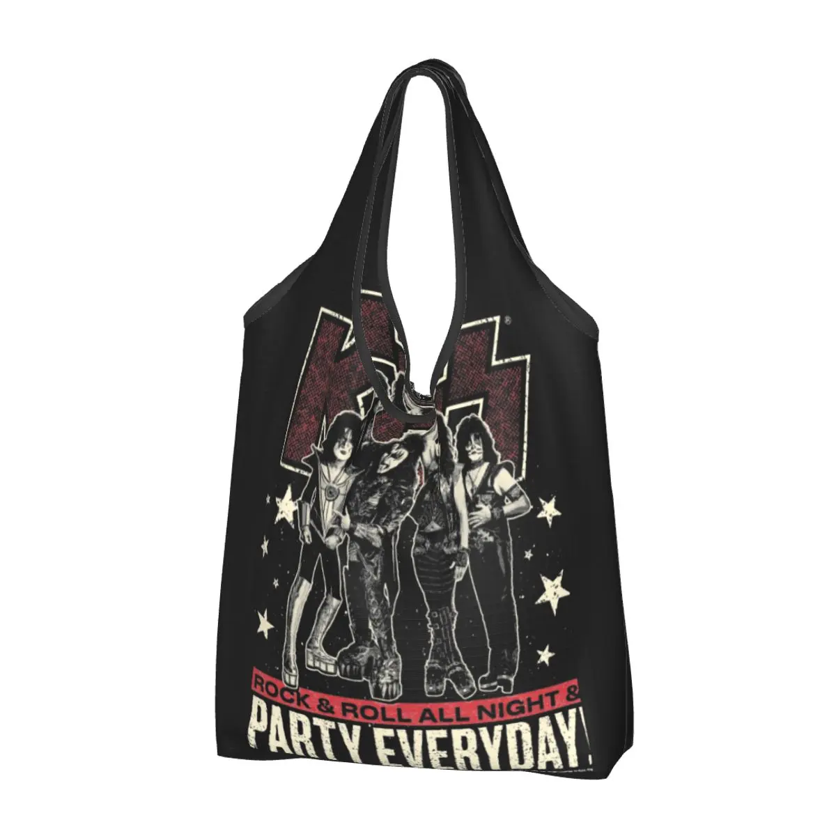 

KISS Band ROCK AND ROLL Grocery Bags Durable Large Reusable Recycle Foldable Shopping Eco Bag Washable Lightweight