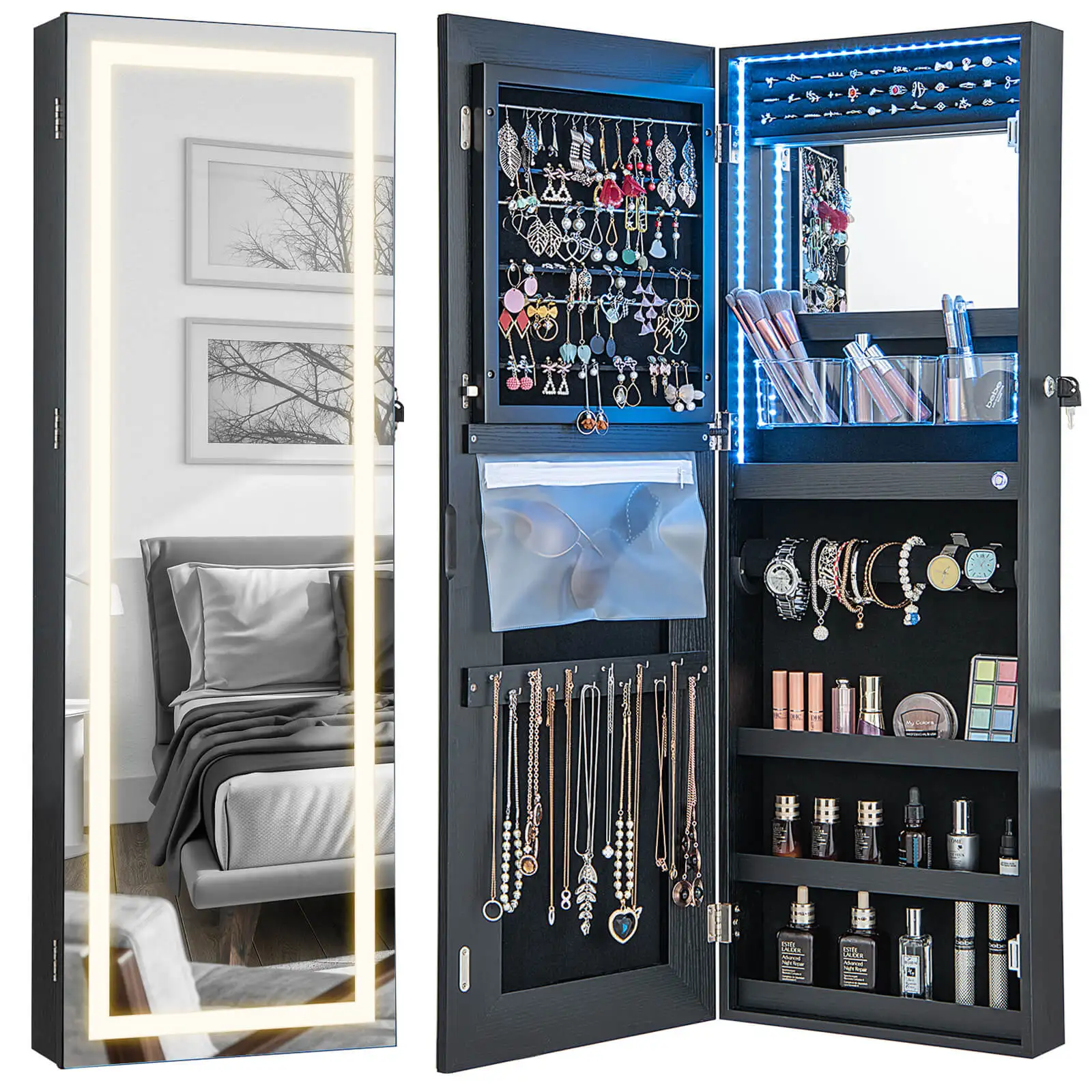 Miroir LED pour armoire à bijoux, armoire murale ou de porte avec 3 éclairages pour documents