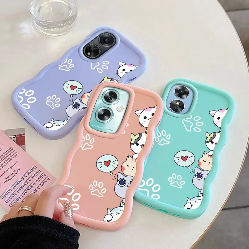 

Cat Fashion Phone Case for OPPO A16K A17 A38 A57 A58 A60 A76 A58 A78 A79 A98 4G 5G Soft Coque Wavy Edged Cover Protect Shell