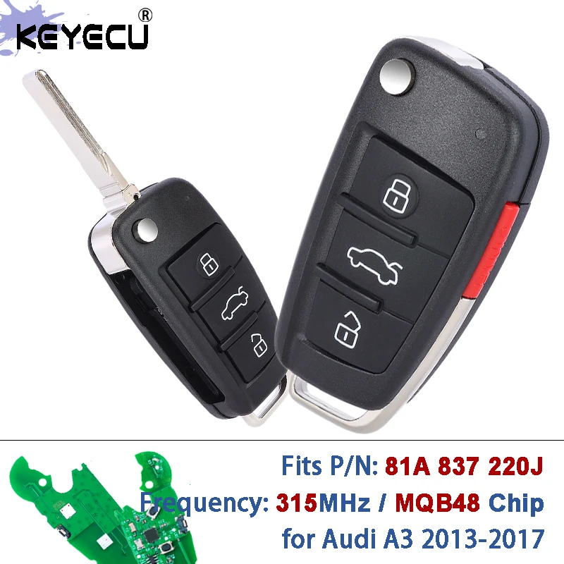 KEYECU P/N: 81A 837 220J NBGFS1271M ASK 315MHz MQB48 Chip Keyless-Go Flip mando a distancia para Audi A3 2013 2014 2015 2016 2017
