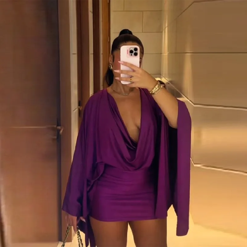 Vrouwen Elegante Sexy V-hals Jurken Retro Solid Spliced Flare Mouw Prom Dress Chic Midnight Club Party Mini Gewaad Nieuwe Trendy Gown