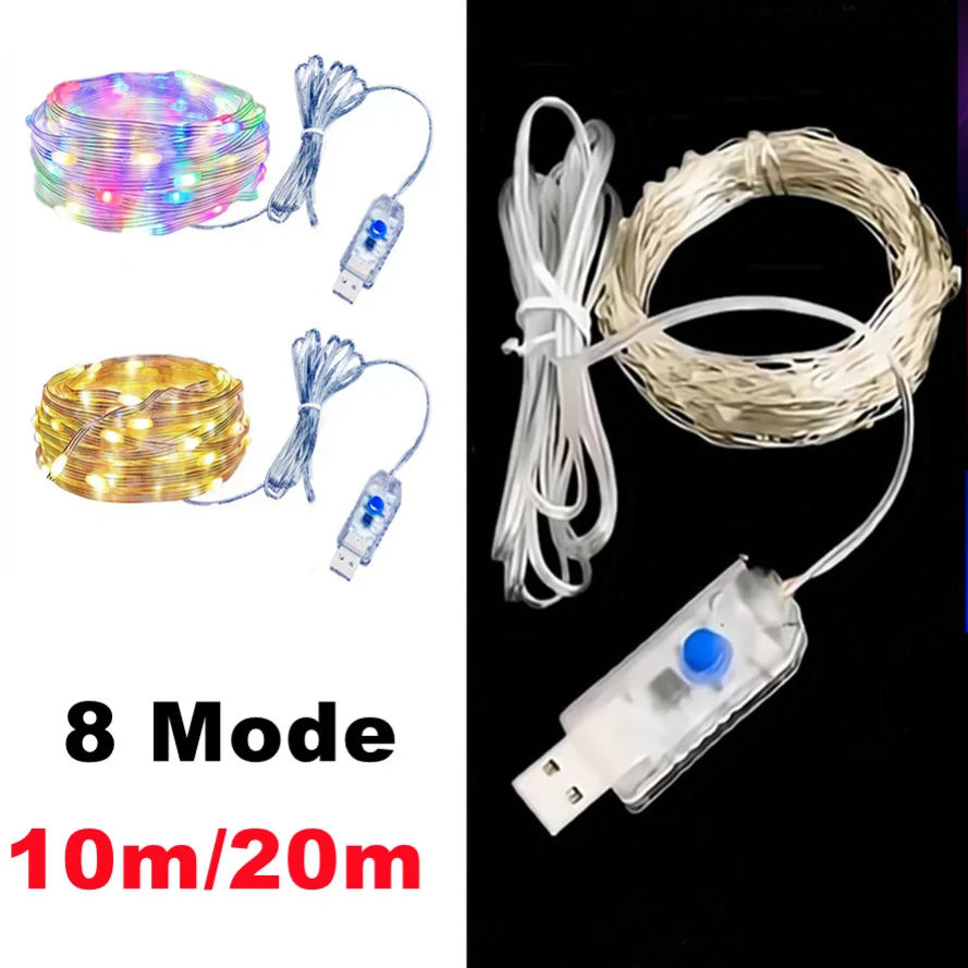 

8 Mode Dimmable USB Powered 5M 10M 20M LED Silver Copper Wire String Lights Decorative Christmas Fairy Garlands home decoration