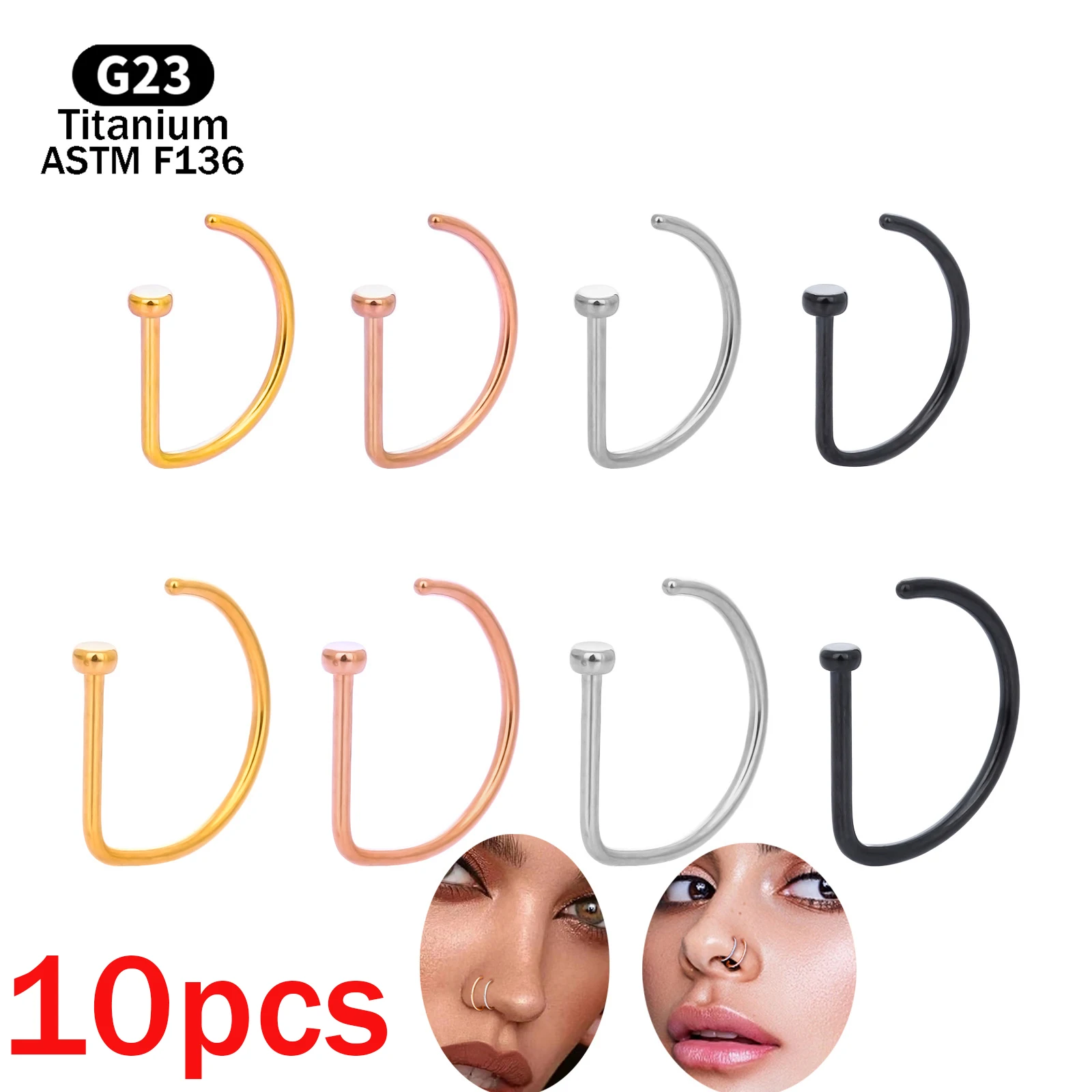 10 stücke G23 Titan Piercing Nase Ring D-förmigen Medizinische 18G 20G Tragus Helix Stud Hoop Septum ohrring Körper Schmuck Großhandel