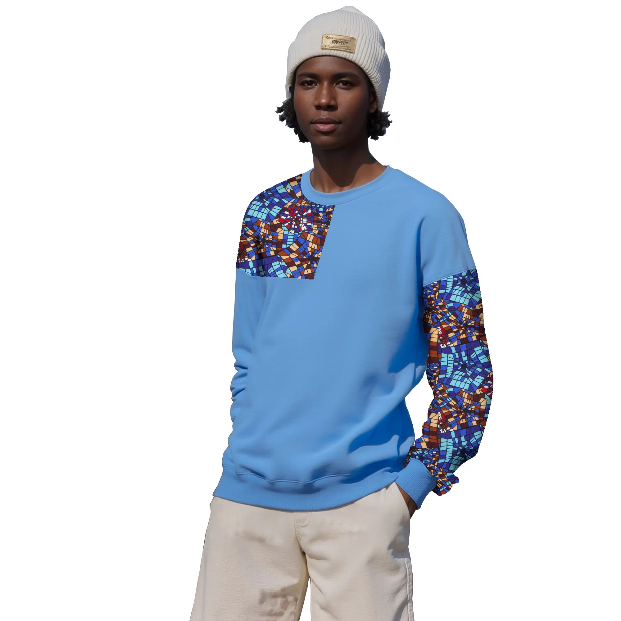 African Print Hoodie Men, Geometric Pattern Pullover, Loose Fit Casual Sweatshirt  WYN2387