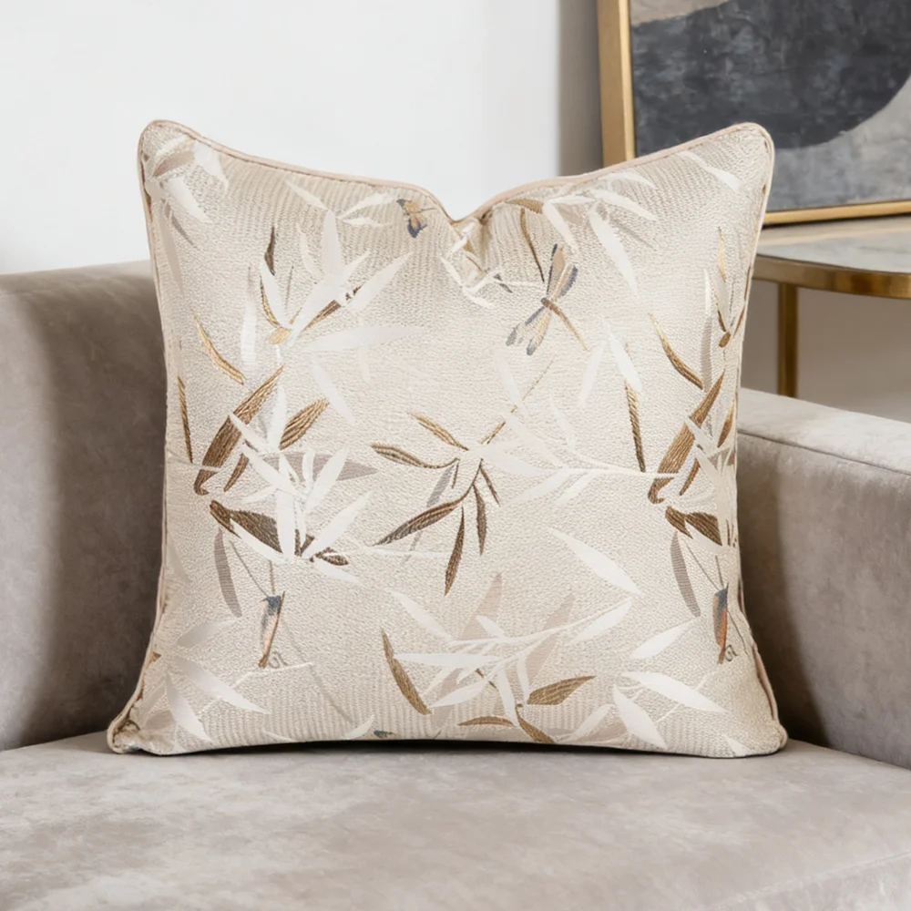Chinese Style Bamboo Leaves Dragonfly Modern Cushion Fashion Pillow Cover 45x45cm Square Decoration 1 Piece Pack