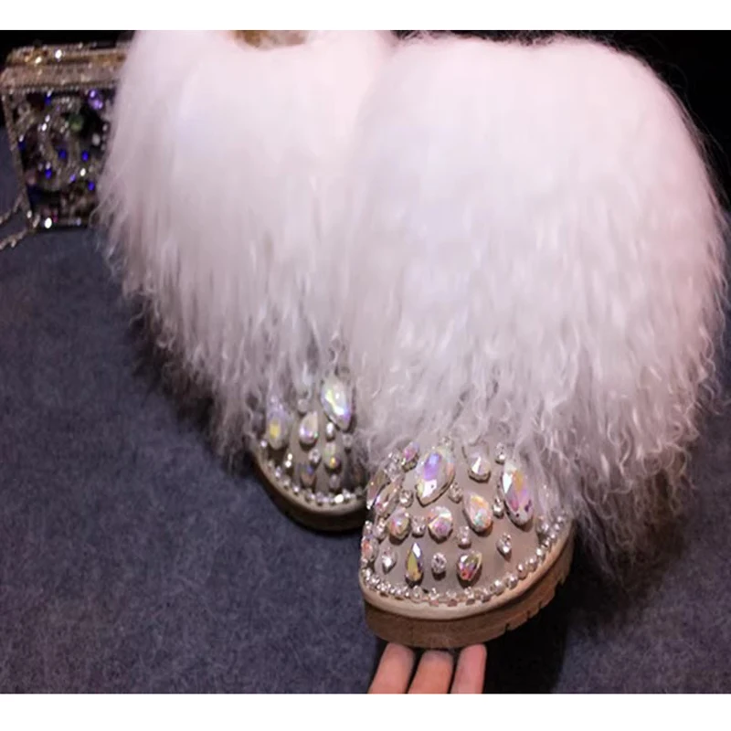Curly Lamb Wool Fur Tassel Covered Women Rhinestone Embellished Snow Boots Suede Ladies Flat Winter Sheep Hair Med Boots