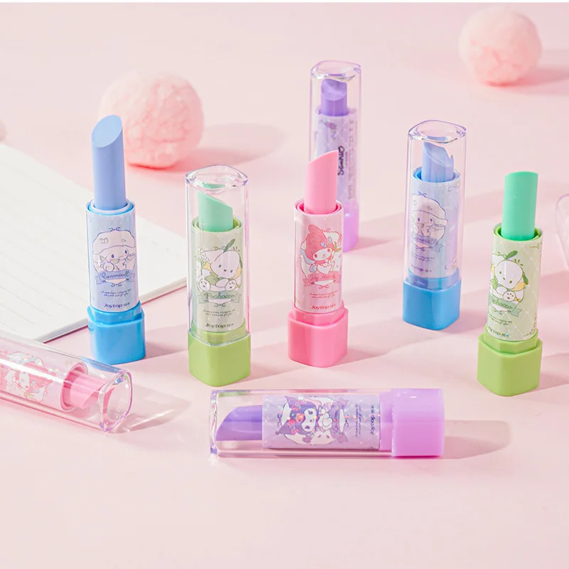 24pcs/lot Sanrio Kuromi Melody Eraser Pochacco Writing Drawing Lipstick Shape Pencil Erasers Stationery Gifts School Supplies