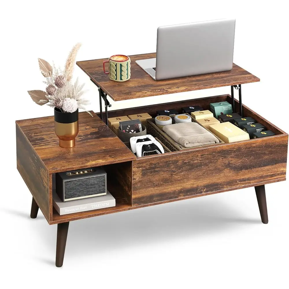 

Coee Table or Living Room, Lit Top Coee Table with Storage, Small Wooden Dining Center Table with Storage Shel & Hidden Comparen