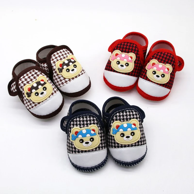 Baby Boy Girl First Walking Shoes Cartoon Bear Anti-Slip Shoes Casual Plaid Infant Soft Soled Shoe Kids Baby Toddler Shoes