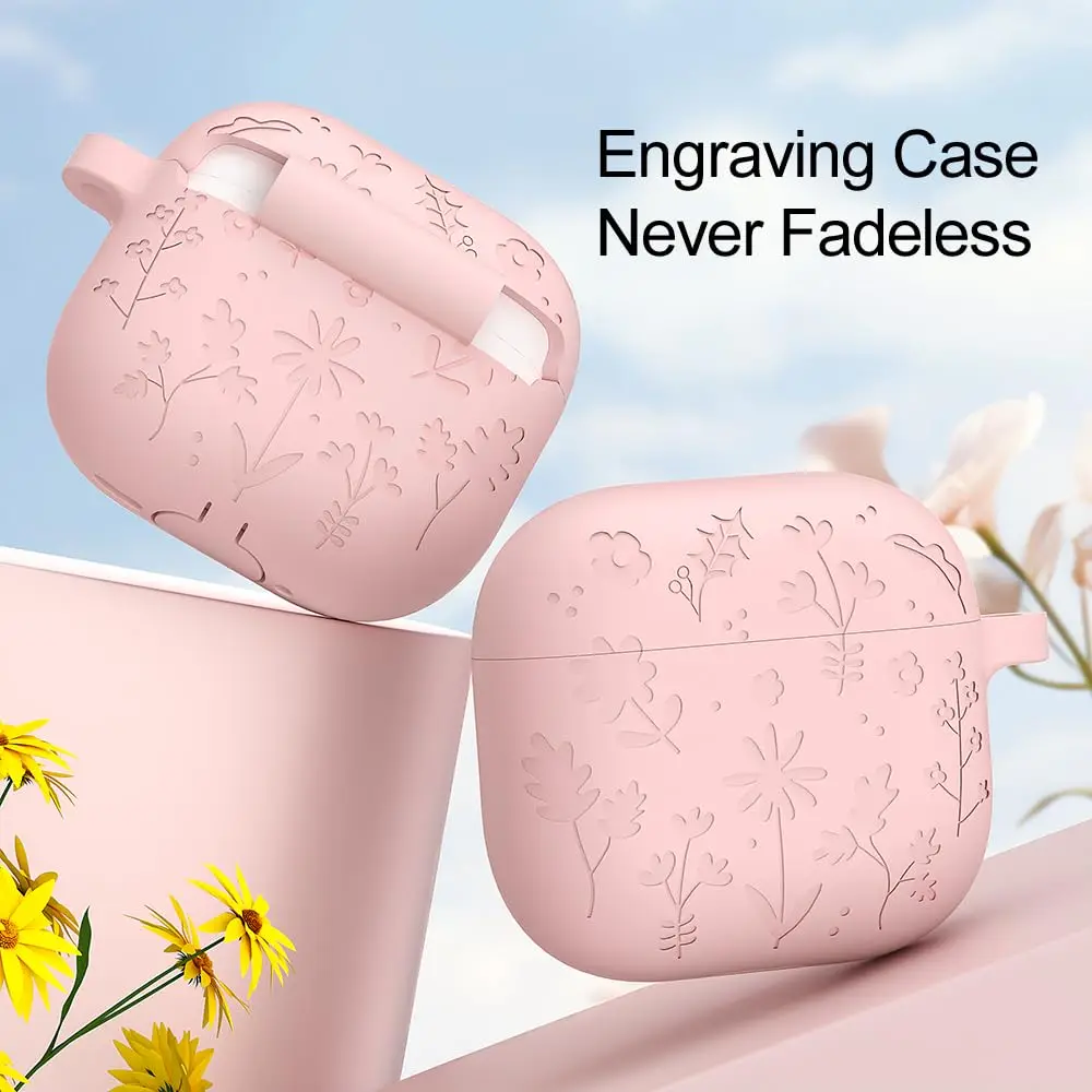 AirPods 4 케이스용 꽃 새겨진 AirPods 4 케이스용 열쇠고리 및 끈이 포함된 보호용 실리콘 스킨 액세서리(라이트 블루)