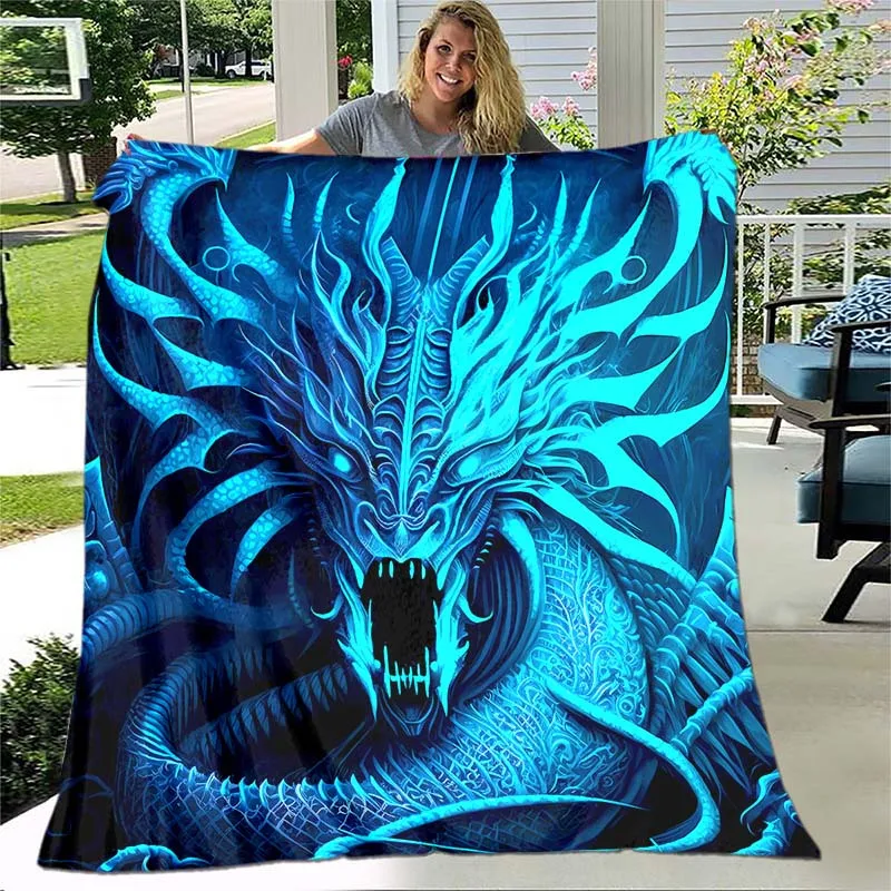Blue Dragon Fantasy Monster Art Print Flannel Blanket Gamer Gift Soft Cozy Throw Home Decor