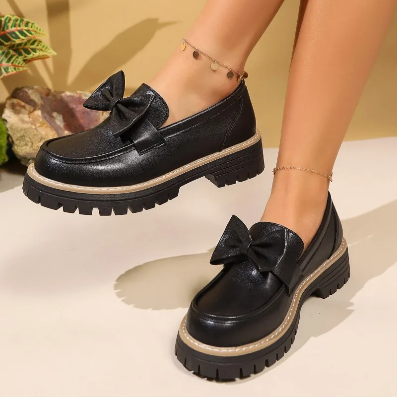 

Block Heel Loafers Women's Fashion Round Toe Deep Mouth Bow Platform Non-Slip Wear-Resistant Single Shoes