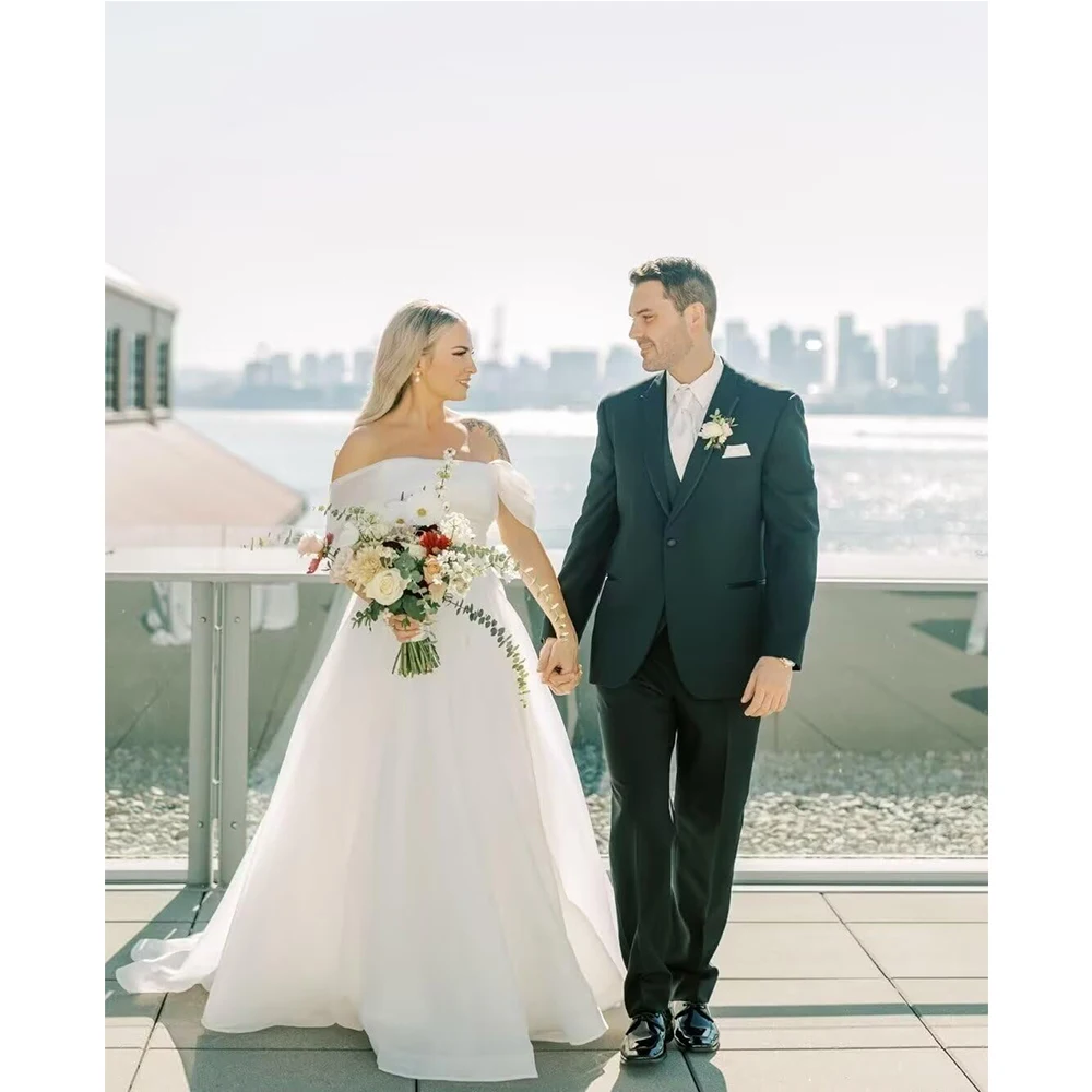 Customized Off Shoulder Tulle Wedding Dresses for Bride Long Puffy Ruched A Line Prom Dress Ball Gown Bridal Gown
