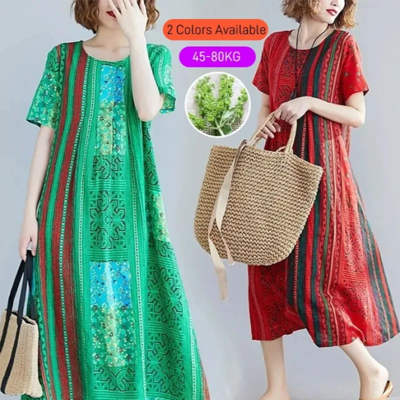 

Printed midlength loose thin faux ice silk dress Printed middleaged mom dresses