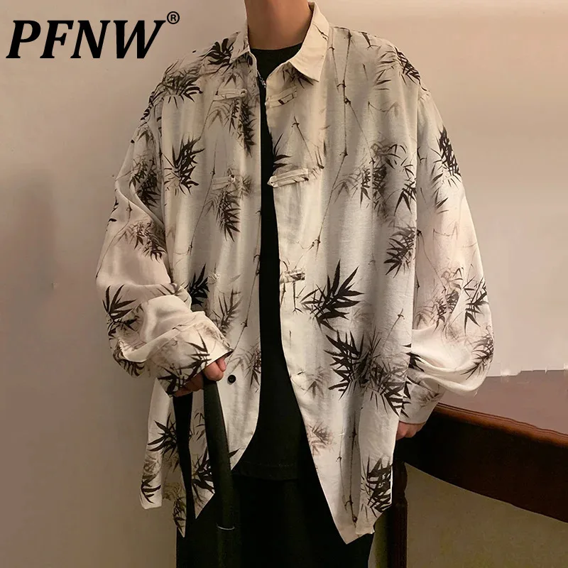 

PFNW New Chinese Style Ice Silk Bamboo Printing Knot Button Single Breasted Lapel Long Sleeve Male Clothing Niche Design 12C732