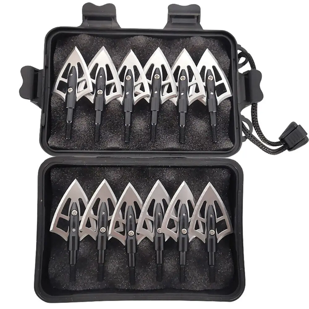Punta de flecha de tiro con arco, eje de punta ancha de acero inoxidable, 2 hojas, arco recurvo para exteriores, accesorios de tiro de caza, grano 100, 6/12 Uds.