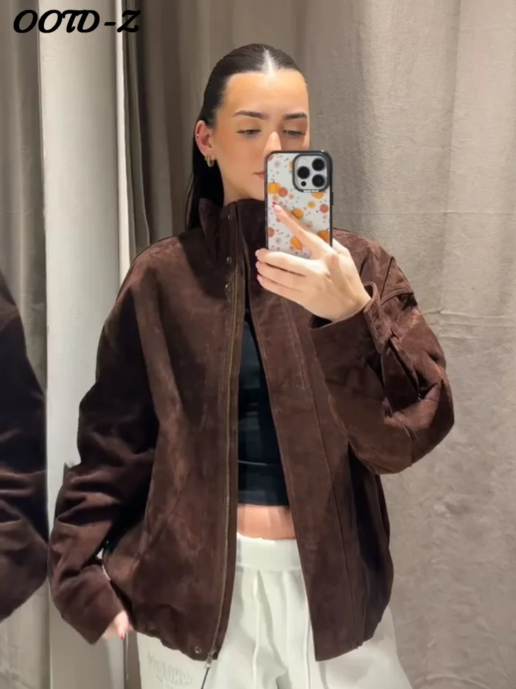 

Винтажное замшевое пальто с воротником-стойкой, женские универсальные однотонные женские куртки на молнии с длинными рукавами, осенняя повседневная женская офисная уличная одежда