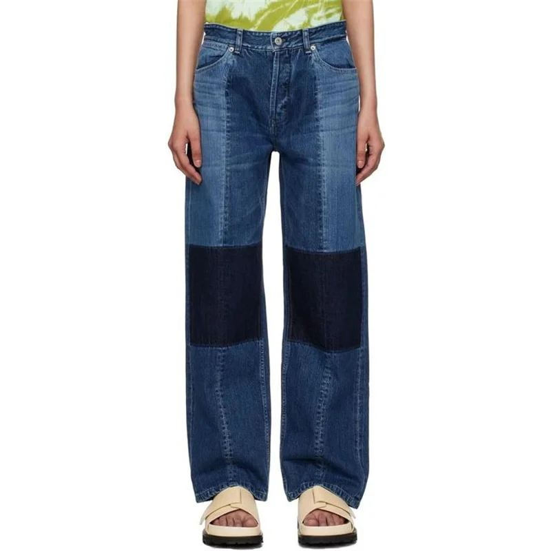 

Women's pants 2024 Summer New contrasting color patchwork women's jeans Retro washed pure cotton straight leg pants y2k trousers