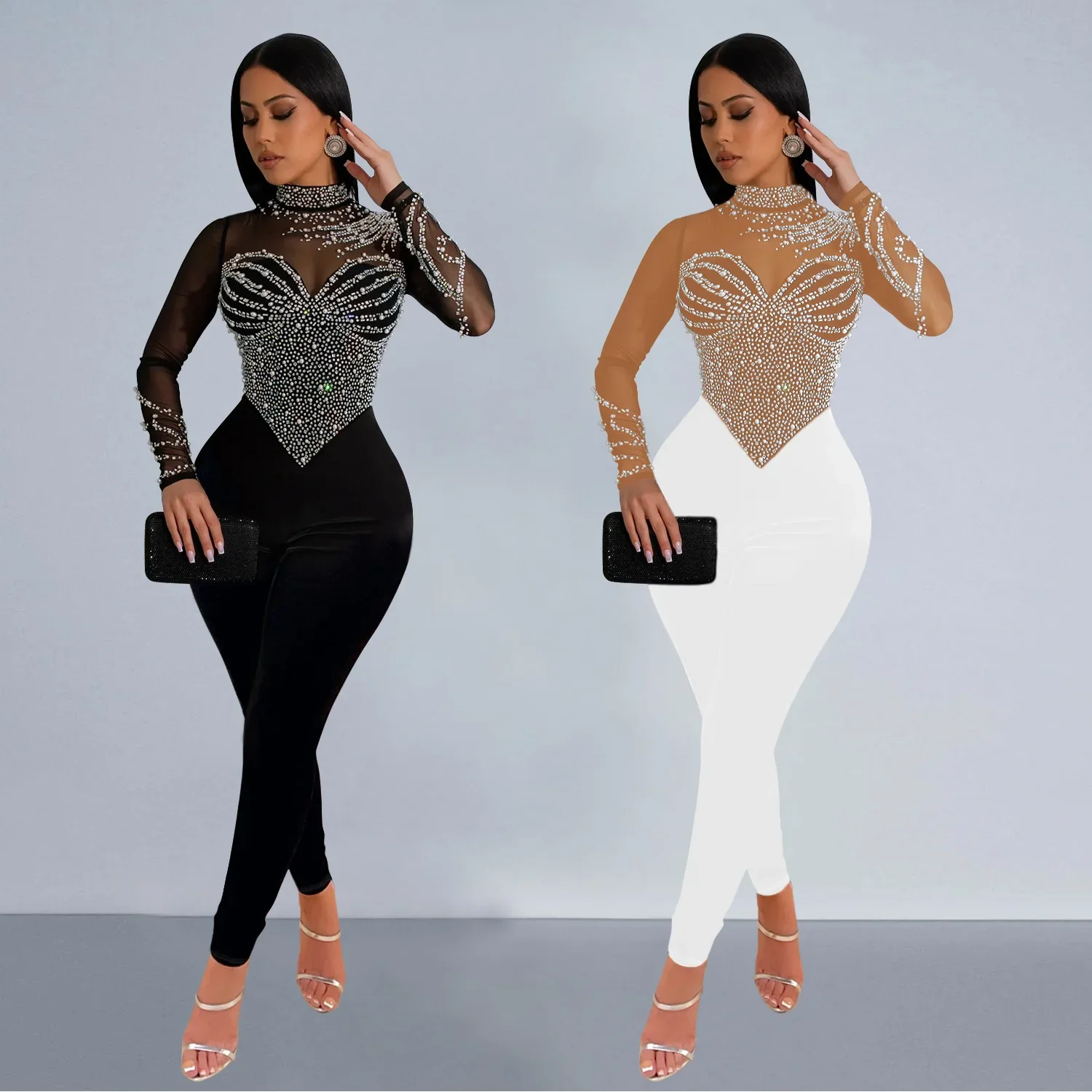 

O-neck Full Sleeve Women Jumpsuits Mesh Hollow Out Rhinestone Rompers One Piece Sexy Perspective Hot Drilling Outfits