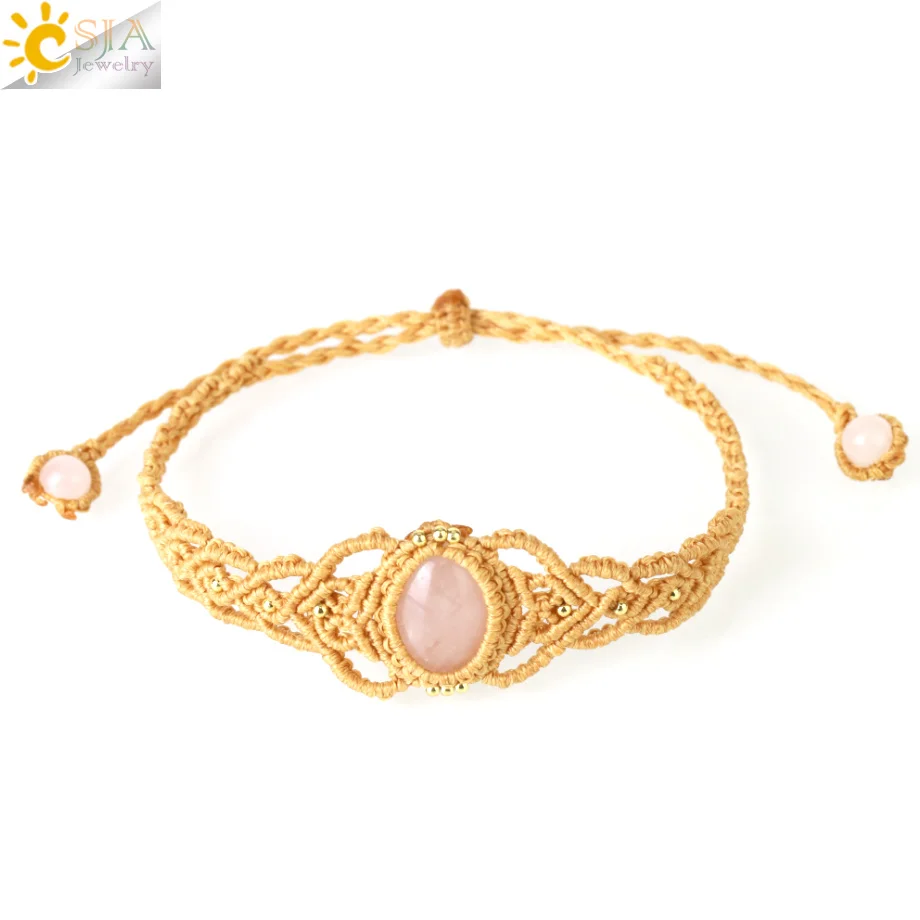 CSJA Crystal Oval Bracelet Braided Rope Cabochon Natural Stone Pink quartz Vintage Adjustable Bracelets for Women Jewelry G993