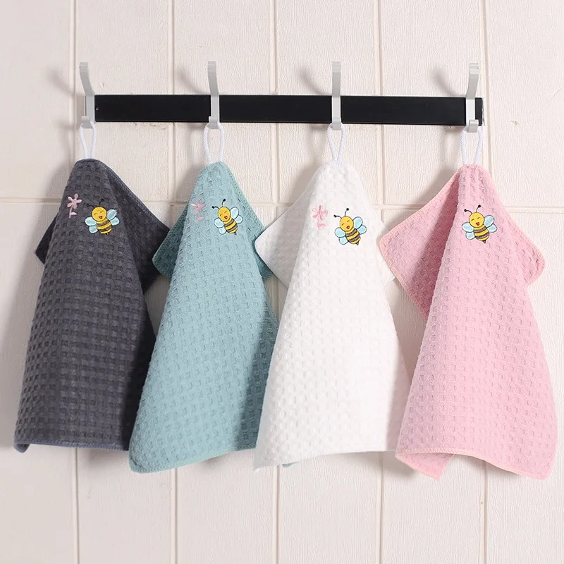 Waffle-Weave Small Towel with Embroidered Hook Quick-Drying Highly Absorbent Hand Towel Design Also Suitable As Baby Drool Bib